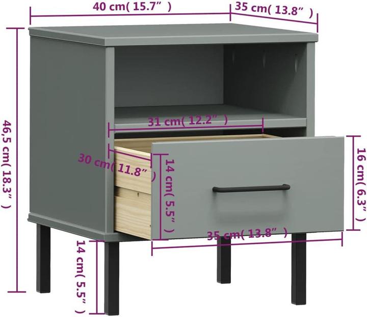 Actual product image VidaXL Nachttisch OSLO mit Metallbeinen Grau Massivholz