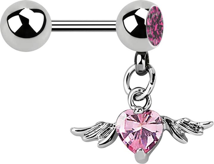 Produktbild Star Piercing Micro Barbell mit Kugel und Anhänger Flügel Kristallherz pink (ohne Messing, Chirurgenstahl 316L)