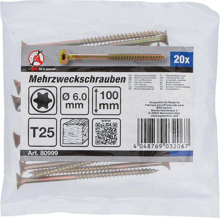 Produktbild BGS Mehrzweckschrauben | T-Profil (für Torx) T25 | 6,0 x 100 mm | 20 Stück (20 Schrauben pro Stück)
