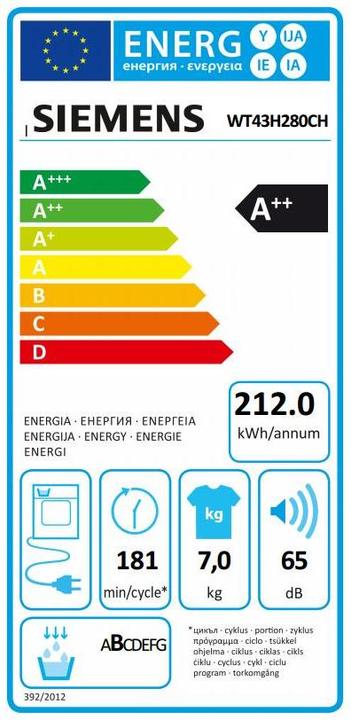 Energy Label Siemens Wt43h280ch (7 kg, Right, CH plug)