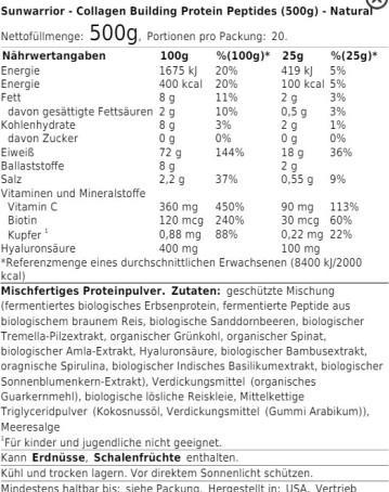 Nutritional values and ingredients Sunwarrior Collagen Building Protein Peptides Natural (1 Piece, Powder, 500 g)