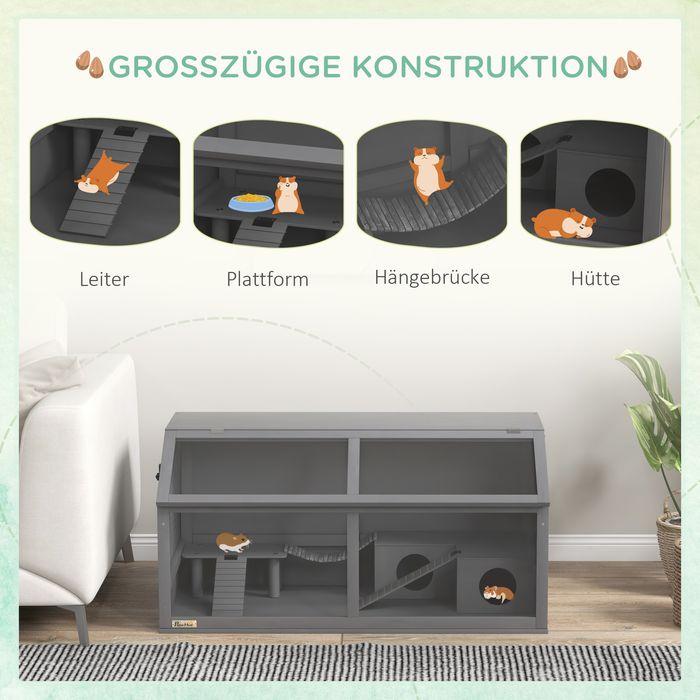 Produktbild Swisshandel24 Kleintierkäfig aus Holz, 100cm Nagerhaus, Kleintierstall, Spielhaus mit Hängebrücke, Leitern, zu öff