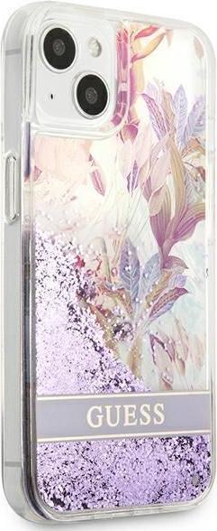 Actual product image Guess GUHCP13SLFLSU iPhone 13 Mini 5.4-inch Thin / Purple Hard Case with Flower Liquid Glitter (Apple iPhone 13 mini)