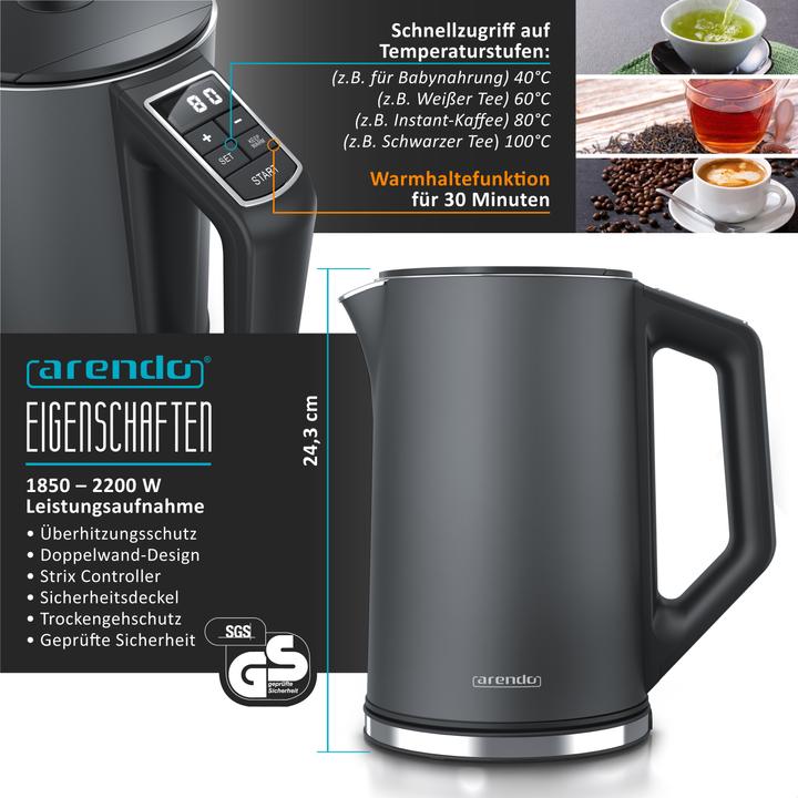 Produktbild Arendo Frühstücks Set, Edelstahl Wasserkocher 1,5l Temperaturwahl & 2 Scheiben Langschlitz Toaster, Grau (1.50 l)