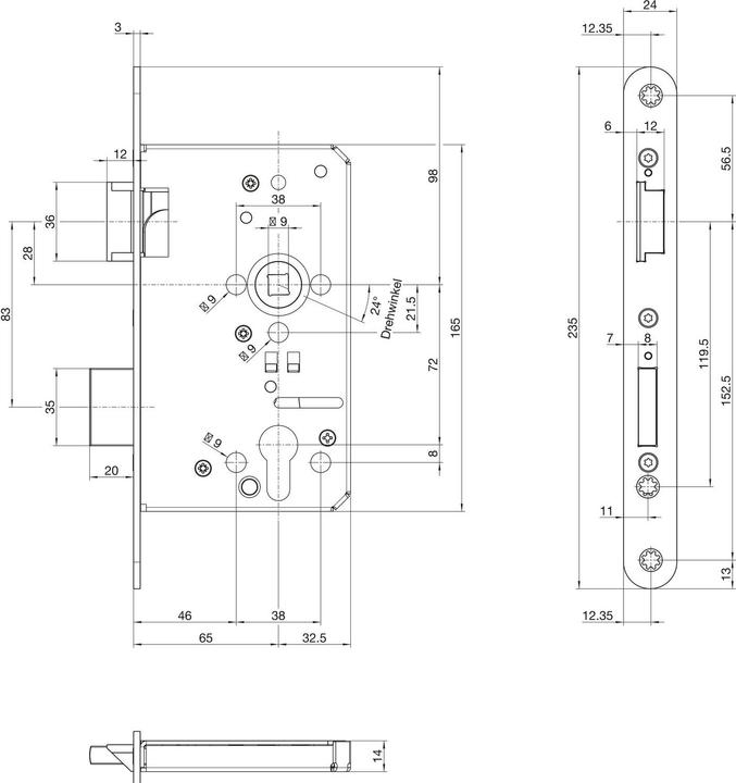 Produktbild BKS Panik-Einsteckschloss 1201 Panik-Funktion E abgerundet 24/65/72/9 mm DIN links Edelstahl (Profilzylinder)