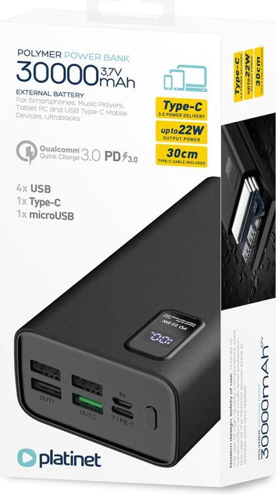 Image du produit Platinet Alimentation électrique 30000mAh PD QC LED, noir (30000 mAh, 22.50 W, 111 Wh)