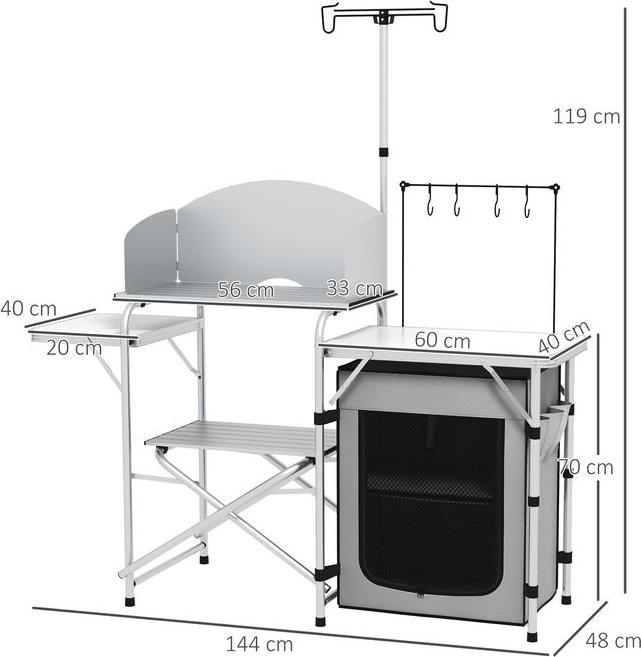 Produktbild Swisshandel24 Campingküche, faltbar, 3 Arbeitsplatten, Windschutz, Stoffschrank, 144x48x119cm, Silber