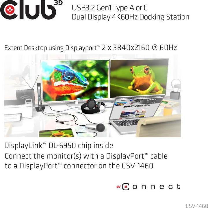 Produktbild Club 3D Dual Display Docking Station 4K60Hz (USB-B, 6 Ports)