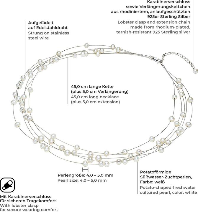 Produktbild Valero Pearls Damen Sterling Silber Süsswasser-Zuchtperle silber 45,0 cm Basiskette + 5,0 cm Verlängerung - 11716 (Sterling Silber, 45 - 50 cm)