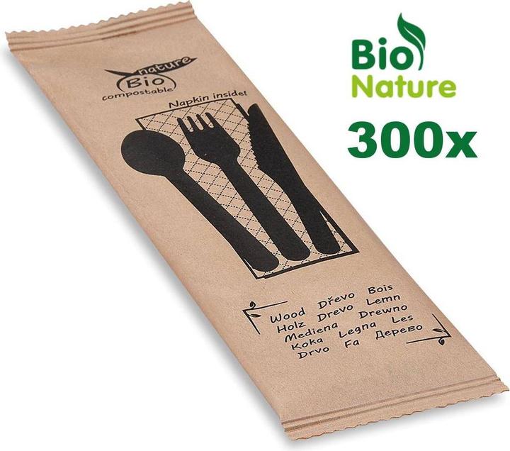 Immagine prodotto Wimex.eu Besteckset aus Holz Messer-Gabel-Löffel+Serviette - 50 Stück (50 x)