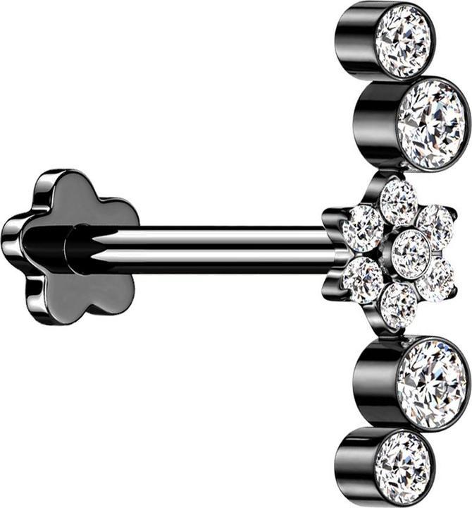 Immagine prodotto Star Piercing Micro labret senza filo fiore nero cristalli argento quattro cristalli (Titanio G23, senza ottone)