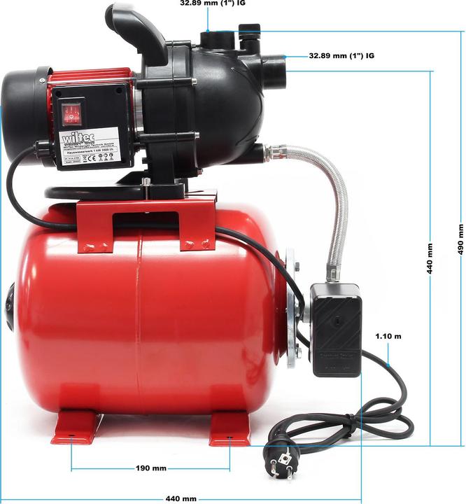 Actual product image Wiltec Domestic Water Pump with 1000W, 3500l/h, Pump Control, 19l Pressure Tank and Pressure Switch (Domestic water pump)