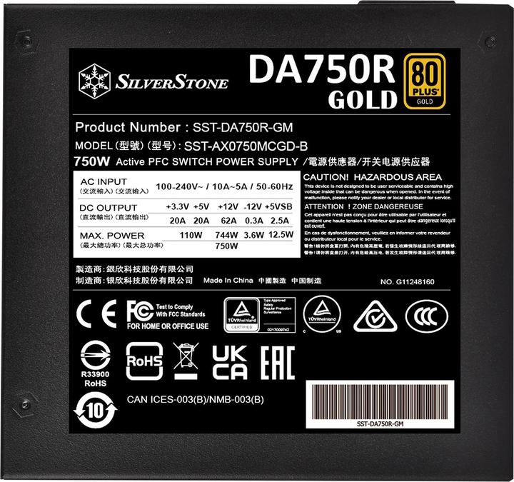 Actual product image Silverstone SST-DA750R-GMA - 80 PLUS Gold 750W ATX 3.0 & PCIe 5.0 Fully Modular Power Supply (750 W)
