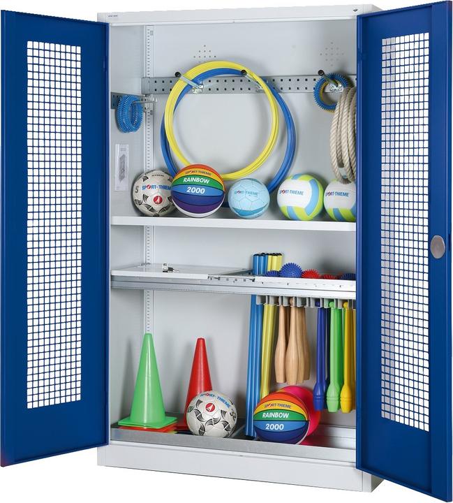 Produktbild C+P Modul-Sportgeräteschrank mit Komplettausstattung (HxBxT: 195x120x50 cm, mit Lochblech-Flügeltüren)