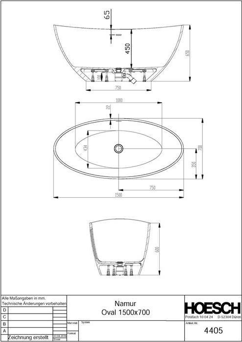 Produktbild Hoesch Badewanne NAMUR 1500x700x450mm freistehend we (220 l, 150 cm, 70 cm)