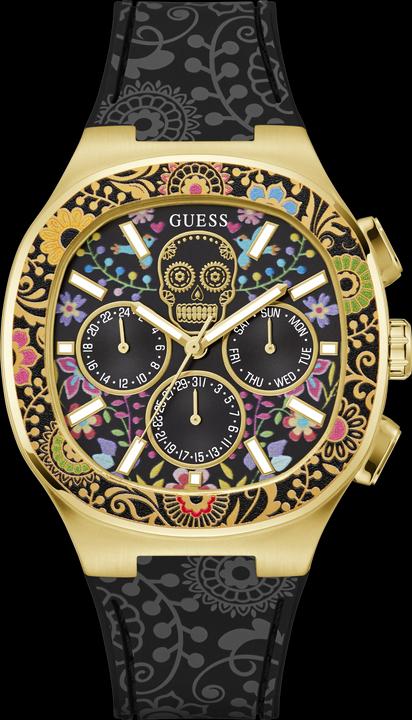 Guess BR GLD CS W/ DIGITAL PRINTED TR / SUN BLK MF DL / BLK SILICONE STRP W/ PRINTING Armbanduhr (44 mm)