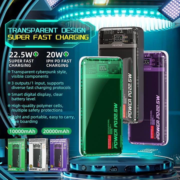 Image du produit Wekome WP-351 Vanguard-Serie – Powerbank 20000 mAh PD 20 W + QC 22,5 W (grün/transparent) (20000 mAh)