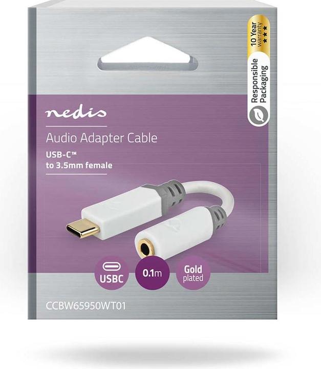 Actual product image Nedis CCBW65950WT01 USB Adapter USB 2.0 USB-C™ Male 3.5 mm Female 0.1 m Round Gold-plated PVC White