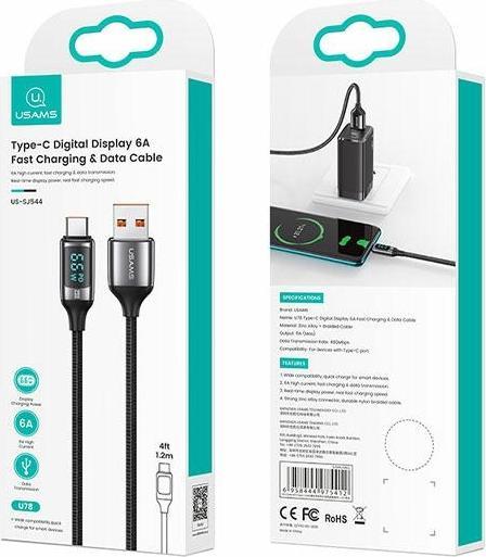 Image du produit Usams Câble pleciony U78 USB-C 1.2m LED 6A Fast Charging czarny/black SJ544USB01 (US-SJ544) (1.20 m, USB 3.2 Gen 1)
