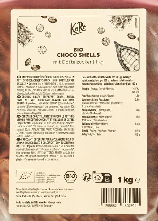 Valori nutrizionali e ingredienti KoRo Croccanti ciotole di cereali biologici per la colazione addolcite con aroma di cioccolato e (1000 g)