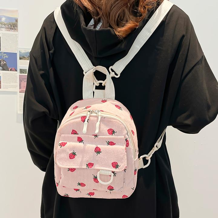 Image du produit Only-Bags.Store Niedliche Erdbeere Druck Samt Mini Rucksack, leichtes Polyester mit verstellbaren Riemen