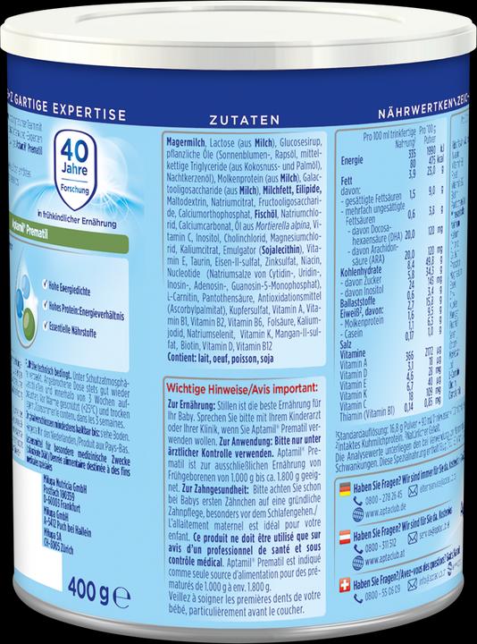 Valori nutrizionali e ingredienti Aptamil Prematil (400 g, dalla nascita)