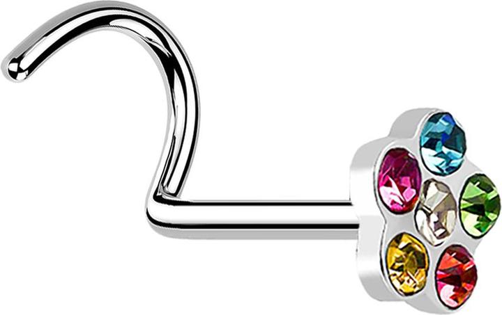 Produktbild Star Piercing Nasenstecker gebogen silber mit Blume und 5 Kristalle farbig (Chirurgenstahl 316L, ohne Messing)