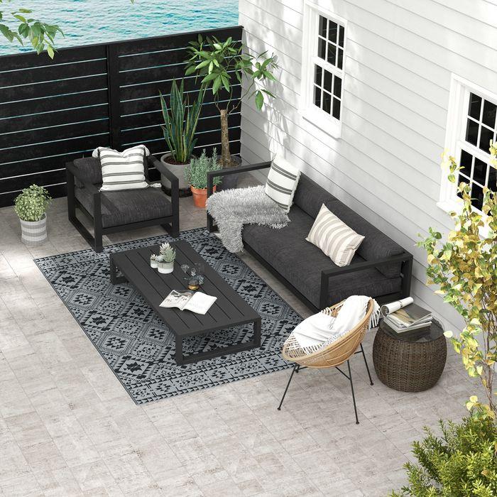 Produktbild Swisshandel24 Outdoor-Teppich Wasserabweisender Kunststoffteppich, Wendbar, für Camping & Terrasse, Schwarz+Grau