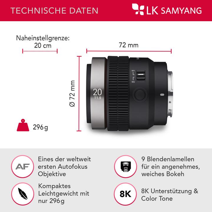 Actual product image Samyang V-AF 20mm F1.9 Sony E-mount (Sony E, full size, APS-C / DX)