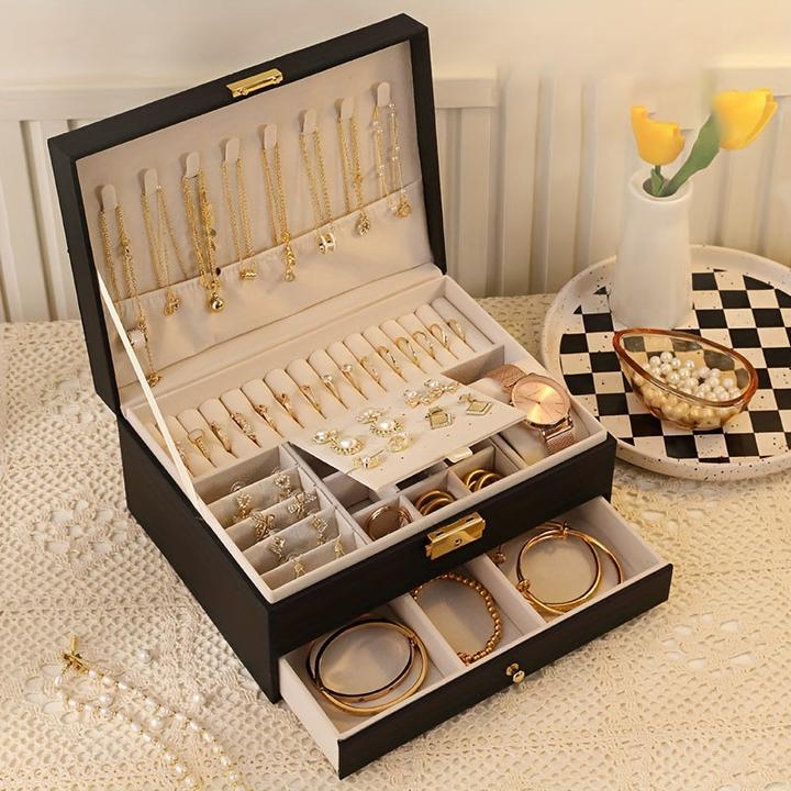 Produktbild Only-Bags.Store Leder-Schmuck-Organizer: Zweischichtiger Schmuckkasten mit herausnehmbaren Fächern für Halsketten