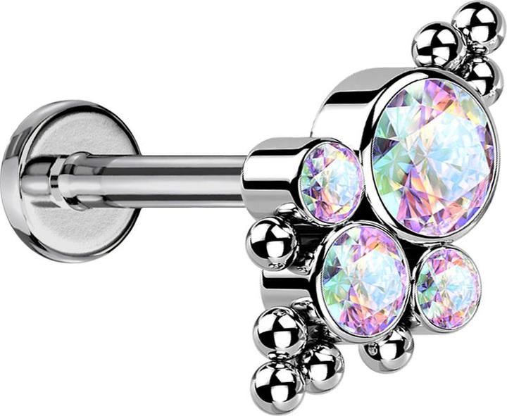 Actual product image Star Piercing Micro Threadless Labret silver balls four crystals multicolour (without brass, Titanium G23)