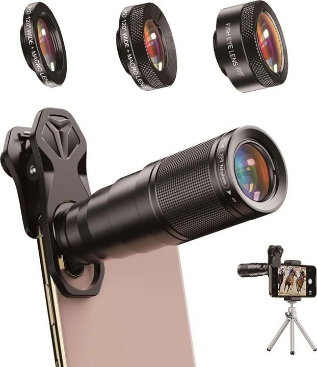 Produktbild Apfelkiste Smartphone Teleskop-Objektiv 22x – Fisheye, Makro, Weitwinkel & Stativ