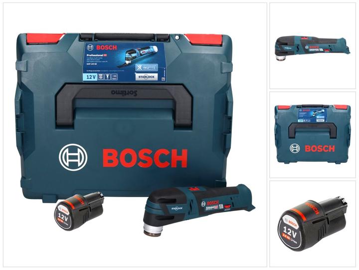1x Fresa multipla a batteria Bosch GOP 12V-28, 1x Lama per taglio a tuffo Bosch Starlock BIM AIZ 32 APB, Legno + Metallo, Curved-Tec ( 2608661644 ), 1x Batteria ricaricabile Bosch GBA 12 V 3.0 Ah ( 1600A00X79 ), 1x L-Boxx 102