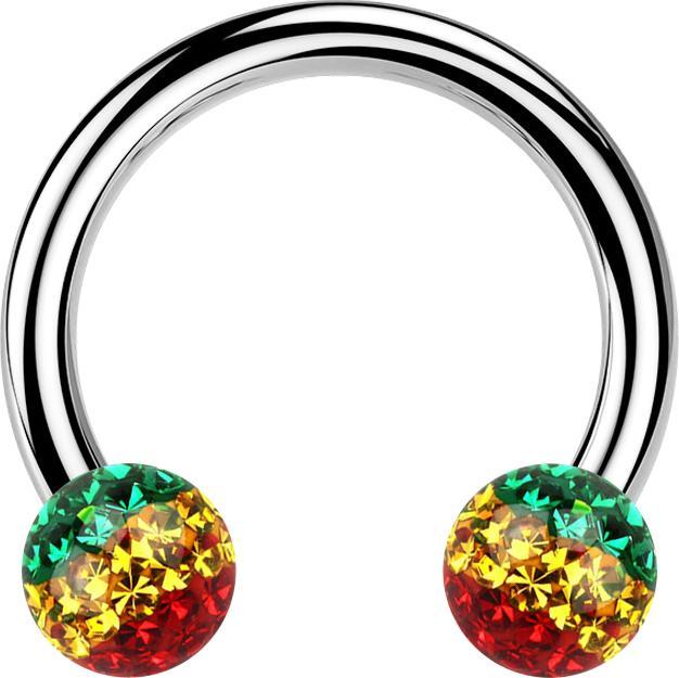 Actual product image Star Piercing Circular barbell silver with two crystal balls Rasta epoxy protective layer (Surgical steel 316L)