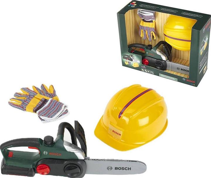 Actual product image Theo Klein Bosch chain saw with helmet