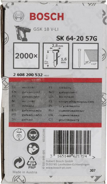 Immagine prodotto Bosch Professional Zubehör Perno svasato SK64 20G, 57 mm zincato