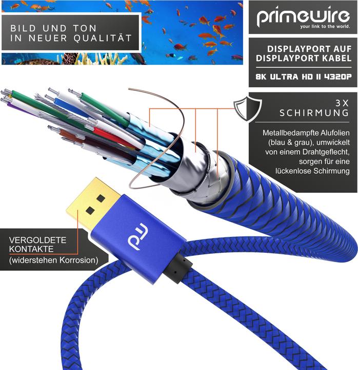 Produktbild Primewire DisplayPort Kabel, 8K Premium DP 1.4 Monitor Kabel, 8k 7680x4320 @ 60 Hz / 4k 3840 x 2160 120Hz (1 m, DisplayPort)