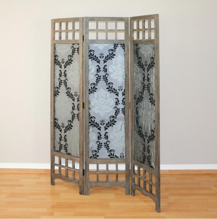 Actual product image Homestyle4u 3 part screen room divider wood partition brown grey pattern fabric Spanish wall