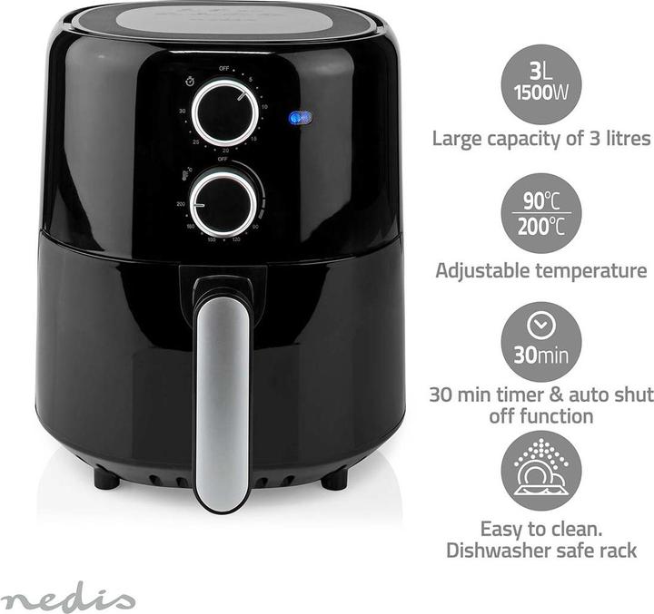 Image du produit Nedis Friteuse à air chaud | 3 l | Minuteur : 30 min | Analogique | Noir (Prise UE)