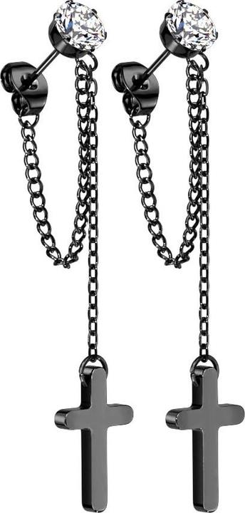 Immagine prodotto Star Piercing Orecchini a perno neri con cristallo rotondo catena pendente in argento con croce (senza ottone, Acciaio chirurgico 316L)