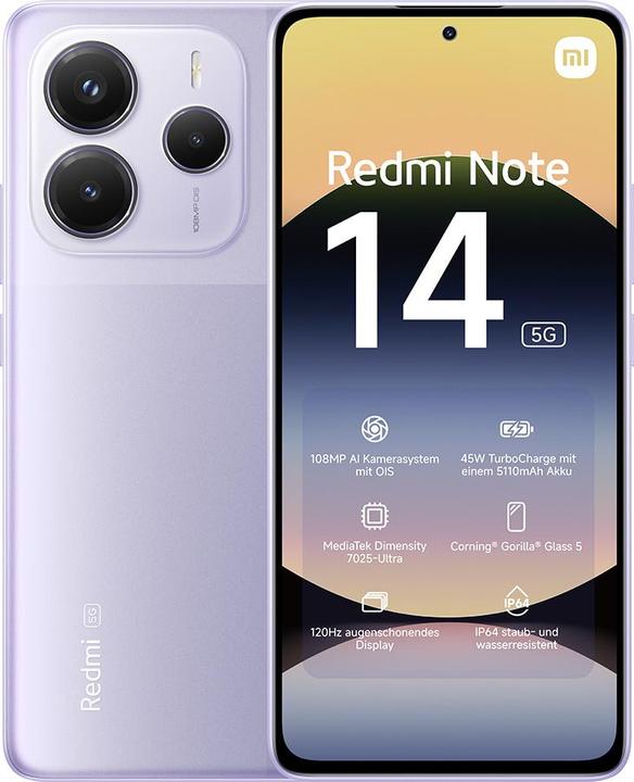 Produktbild Xiaomi Redmi Note 14 5G (128 GB, Lavender Purple, 6.67", Dual SIM, 108 Mpx, 5G)