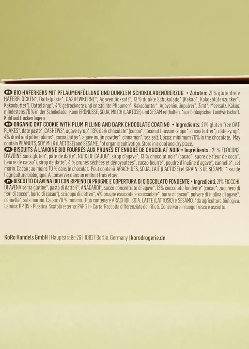 Nutritional values and ingredients KoRo Organic oat biscuit with plum filling and dark chocolate coating (480 g)