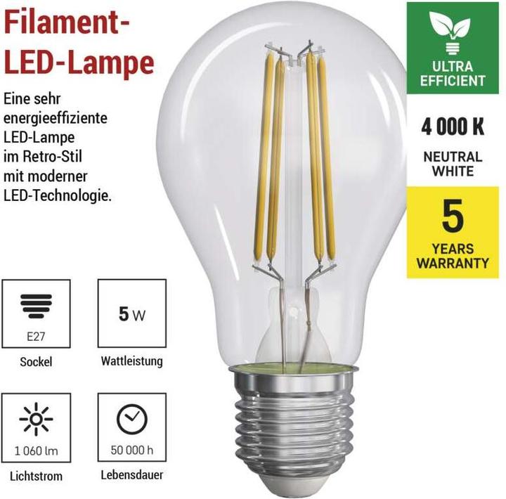 Energie-Label Emos LED Lampe Filament A60 / E27 / 5 W (75 W) / 1 060 lm / Neutralweiss (E27, 5 W, 1060 lm, 1 x, A)
