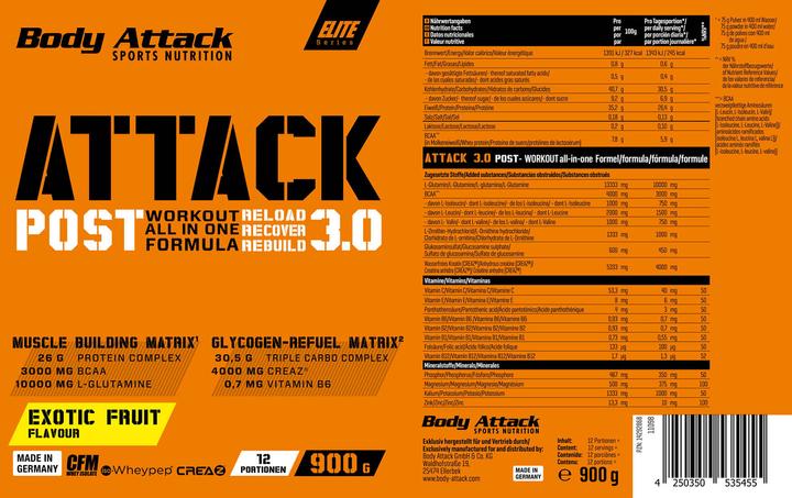 Valori nutrizionali e ingredienti Body Attack Post Attack 3.0 (lattina da 900g) (Arancia, 1 pz., 900 g)