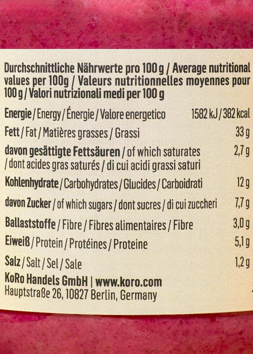 Nährwerte und Zutaten KoRo Bio Rote Bete Meerrettich Aufstrich (380 g)