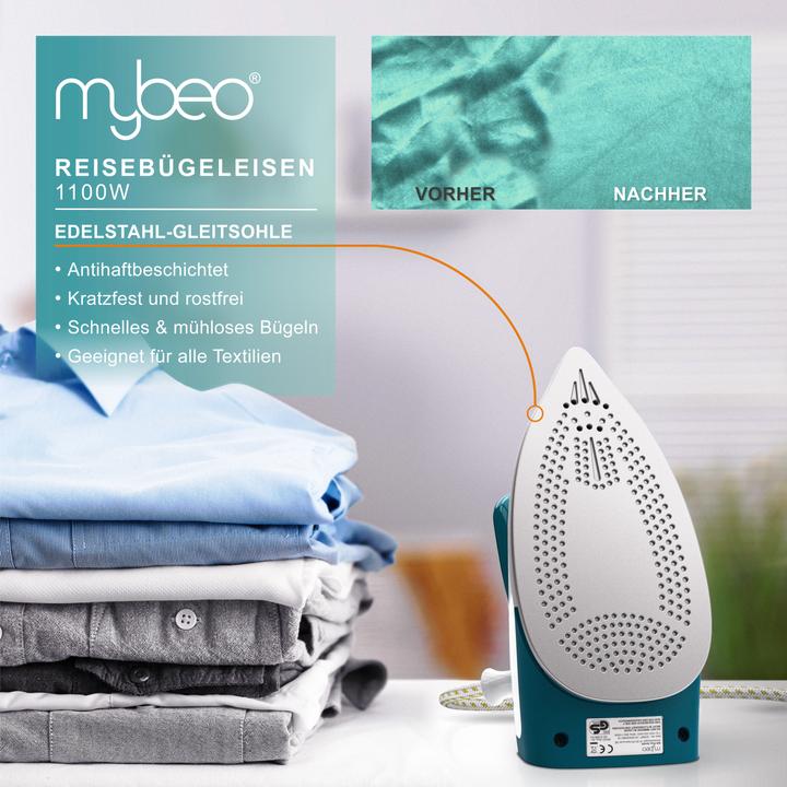 Produktbild Mybeo Reisebügeleisen, faltbares Bügeleisen 1100W, mit Dampf & Edelstahl Gleitsohle, Dual-Voltage 110/230V (1100 W)