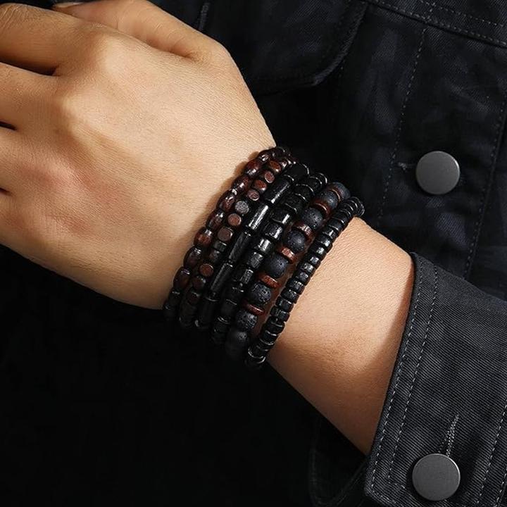 Produktbild Cbx Elastisches Perlen Armband Set Lavastein und Vintage-Holzperlen