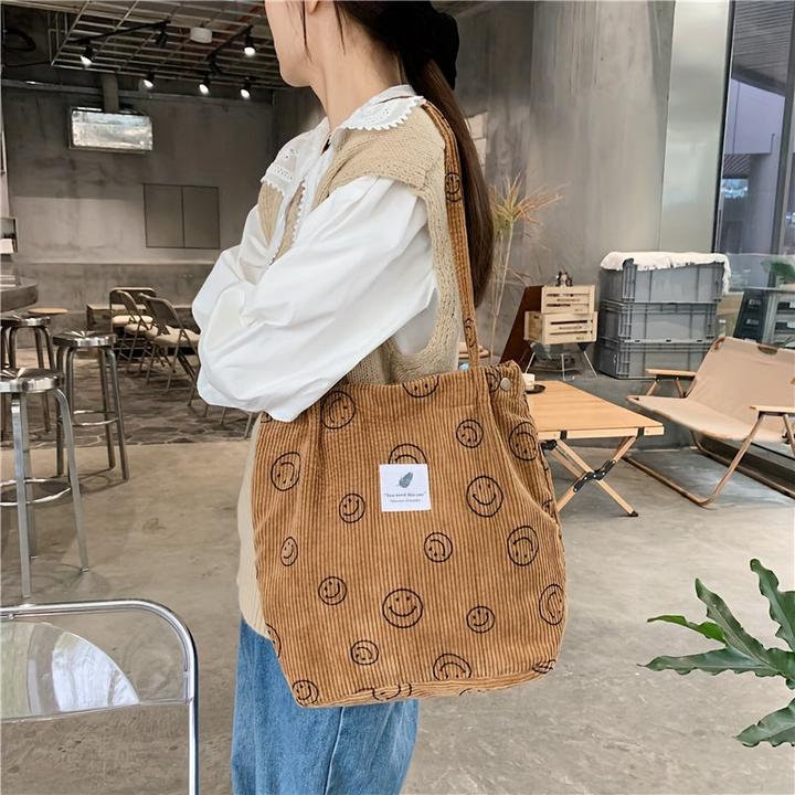 Image du produit Only-Bags.Store Sac fourre-tout rétro en velours côtelé, sac à bandoulière imprimé d'un visage souriant, sac à main