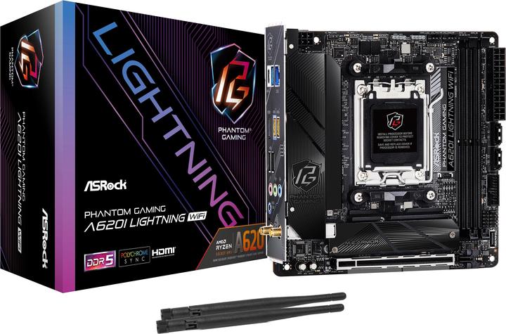 Actual product image AsRock A620I Lightning WiFi AM5 mITX HDMI DDR5 retail (AM5, AMD A620, Mini-ITX)