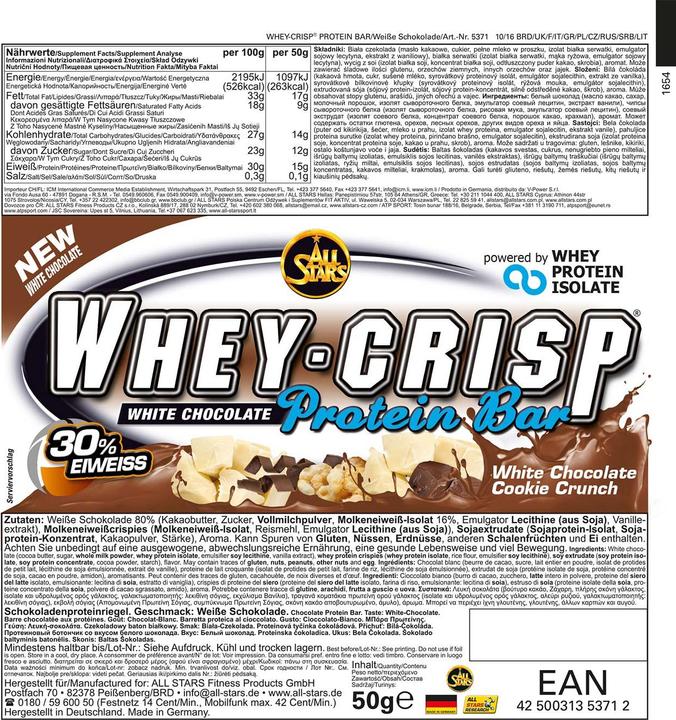 Actual product image All Stars Whey Crisp Protein Bar (White chocolate, 1 pcs., 50 g)